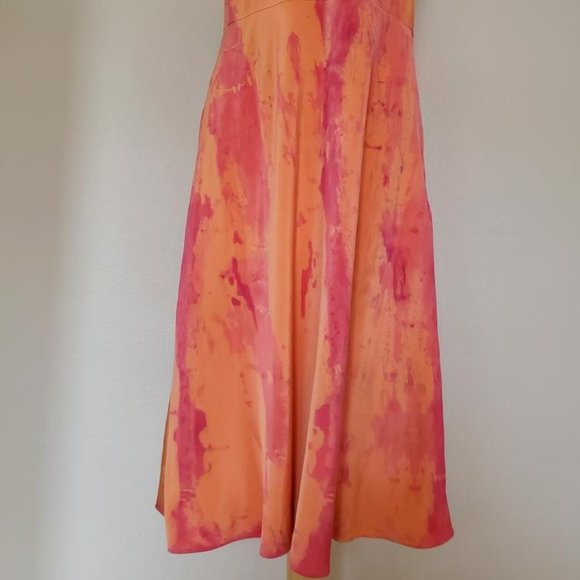 Silk Short Dress large 10 12 XL bridesmaid tie dyed party peach pink orange red